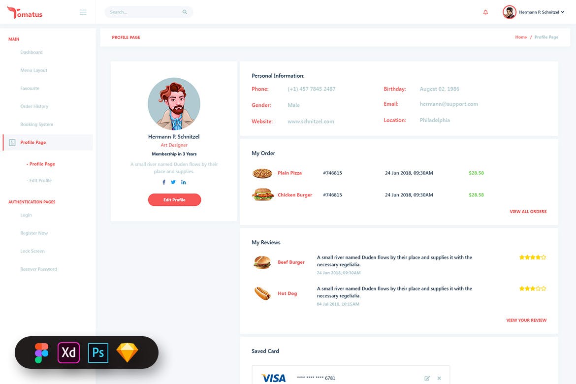کیت رابط کاربری داشبورد وب سایت کاربر رستوران توماتوس