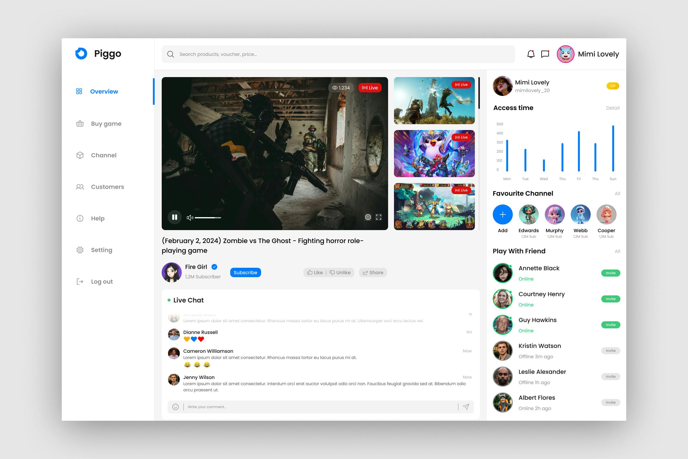 کیت رابط کاربری داشبورد بازی Piggo Streaming